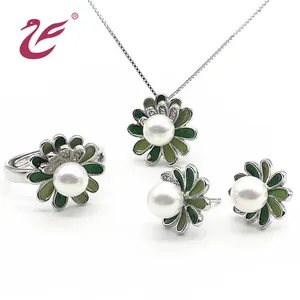 جودة عالية الزركون الأخضر الزهور خاتم اللؤلؤ الممتاز الفضة النساء هدية الأزياء العروس قلادة مجموعات المجوهرات