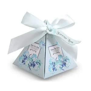 Custom Floral Pyramid Wedding Favor Candy Paper Invitation Boxes With Tag