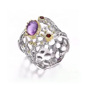时尚镂空设计925纯银戒指配紫水晶石榴石