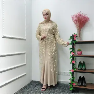 Koleksi Baru Abaya Penuh Bordir Desain Pola Daun Mesh Muslim Gaun Wanita Abaya