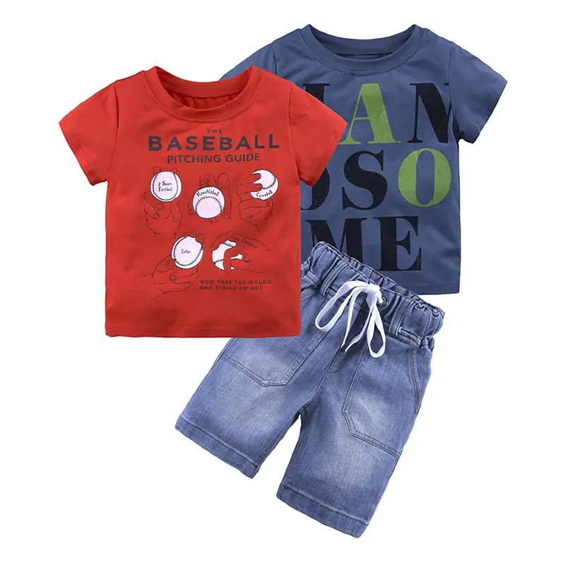 2019 Europese nieuwe zomer korte mouwen baseball brief patroon t-shirt denim broek drie stukken set kinderen kleding voor jongens