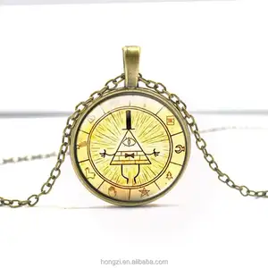 Bronze Silver Round glass Necklace Steampunk Drama Gravity Falls Mysteries BILL CIPHER WHEEL Time Gems Pendant Necklace Jewelry