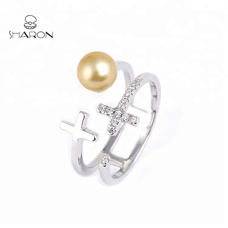 Sharon 925 Sterling Silver Double Pearls Jesus Cross Ring Set For Sale