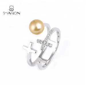 Sharon 925纯银双珍珠耶稣十字架戒指套装出售