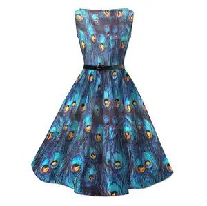 Toptan 1950s vintage retro tavuskuşu baskı maxi boyutlandırma salıncak elbiseler bayanlar için