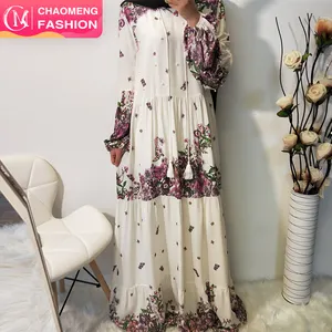 6118 # modische Muslimische Frauen Plus Größe Langarm Maxi Kleider Islamische Kleidung Abaya Mit Blume Modest Weiß Kleid