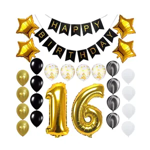 快乐 16 岁生日纸横幅玛瑙气球派对为甜 16 岁老党黑色白金装饰