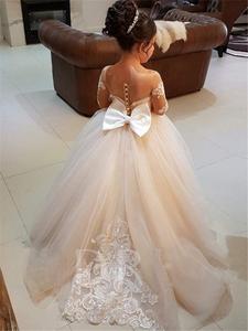Morili Puffy big size appliqued lace ball gown Sheer Neck maniche lunghe Appliques kids wedding flower girl dresses MFA295 - Product Image 3