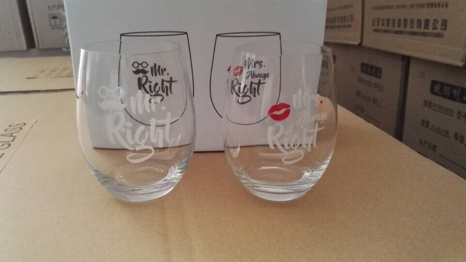 16oz Crystal Stemless Wine Glass Set for Wedding Couple Wine Glass Tumbler Mr right and Mrs always right