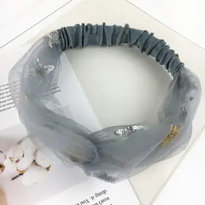 High-quality fashion Korean style fancy design gauze material beautiful headband glitter star wide head wrap for girls