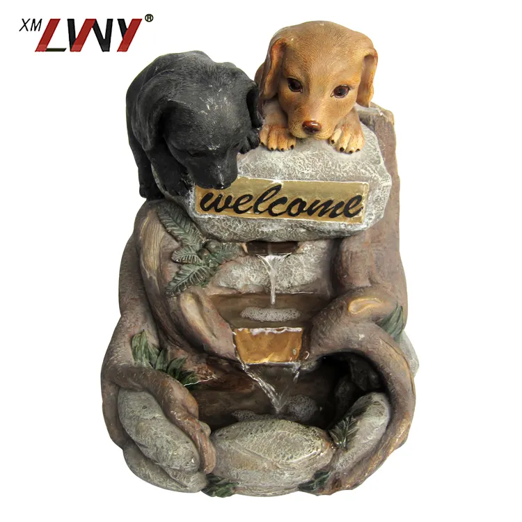 Bienvenido decoración del hogar resina estatuas de animales perro fuente de agua