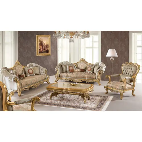 European Living Room furniture Royal Luxury Gold Solid Wood Sofa Set Fabric 3+2+1