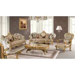 Eropa Perabot Ruang Keluarga Kerajaan Mewah Emas Solid Kayu Sofa Set Kain 3 + 2 + 1