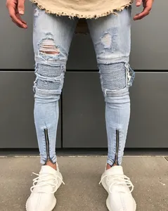 Celana Jeans Pria Merek Skinny Desainer 10 Atasan Fashion Asia Kustom Jeans Kulit Ritsleting Belakang Tambalan Lutut Celana Jeans Pria Grosir