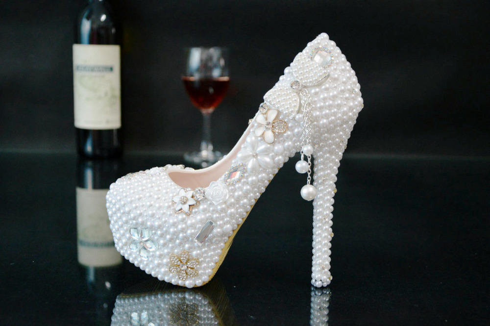 BS031 couleur blanche strass perles mariage chaussures à talons hauts  femmes talon plate-forme chaussure taille 35-42 chaussures de fête de dame  14cm