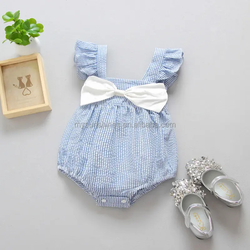 Hot Sale Blue Striped Newborn Baby Clothes Romper、Big Knotbow Sleeveless Cotton Baby Clothing、Lovely Baby Romper Baby Clothes