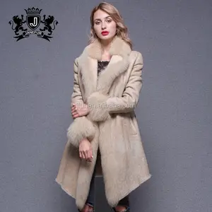 Modern Style Winter Fox Placket Double Face Genuine Sheepskin Beige Leather Jacket