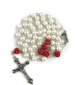Hot Sell Plastic Rose Shaped Beads Rosary Necklace Mary and Jesus Piece Prayer Rosaries Religious Cross Necklace