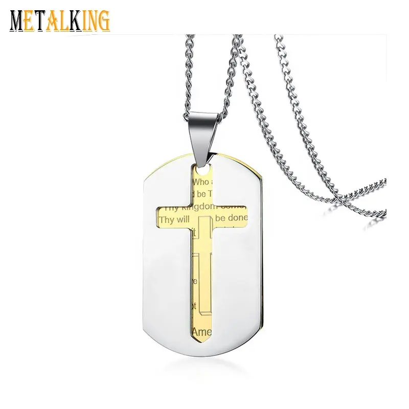 Men's Stainless Steel Bible Verse Lord's Prayer and Cross Double Pendant Necklace Style