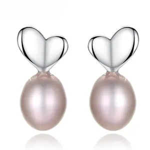 CZCITY Silver Pearl Jewelry Korean Small Stud 925 Needle Fresh Water Earing Sliver Heart Earring