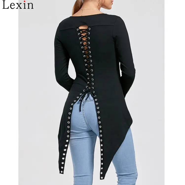 Blusa informal ajustada de punto con manga larga para Primavera, camisa negra elegante con cuello redondo y cordones en la espalda para mujer