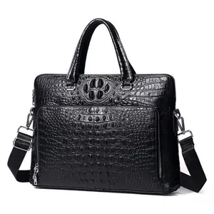 Dreamtop DTG537-maletín de cuero auténtico para ordenador portátil para hombre, bolsa de oficina de cuero de cocodrilo negro