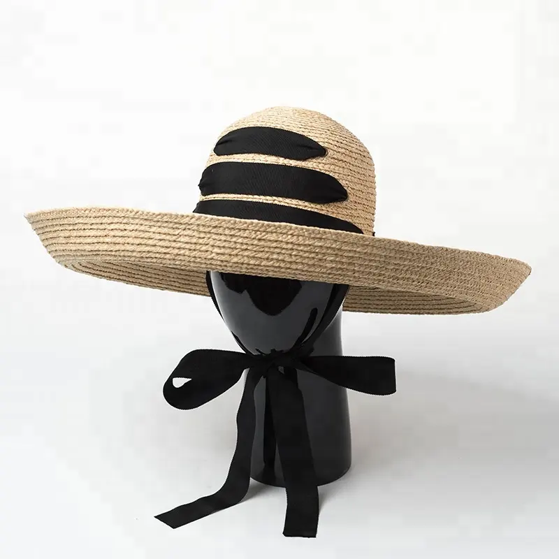 Chapéu de palha com fita, chapéu vintage para mulheres, sombra-sol, laço
