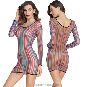 Egzotik gökkuşağı pijama Babydoll kadın yatak odası iç çamaşırı uzun kollu Sheer şerit Fishnet Chemise Zigzag desen E22562 - Product Image 2