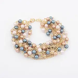 14K gold plated chains fake pearl bracelet wholesale mexican jewelry colored rhinestone chain link bracelets PB1601