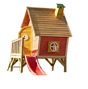 Outdoor Playhouse with Slide Wooden Kids Play Residential Backyard Playground