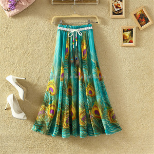 Hot New Plus Size Peacock Feather <strong>Silk</strong> Elastic Waist Big Bottom Printed Bohemia <strong>Skirt</strong> Women Full <strong>Long</strong> Chiffon <strong>Skirt</strong> - Product Image 1