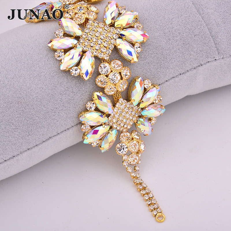 45*205mm เย็บแก้วคริสตัลดอกไม้ Rhinestones ทองคริสตัลขั้วต่อบิกินี่เจ้าสาวลูกปัด Applique สำหรับชุด