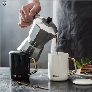 Procelian Wedding Office Gift <strong>Mug</strong> Set Black White <strong>Gold</strong> <strong>Mugs</strong> Handle Ceramic <strong>Mug</strong> with Handle Lid and Spoon - Product Image 4
