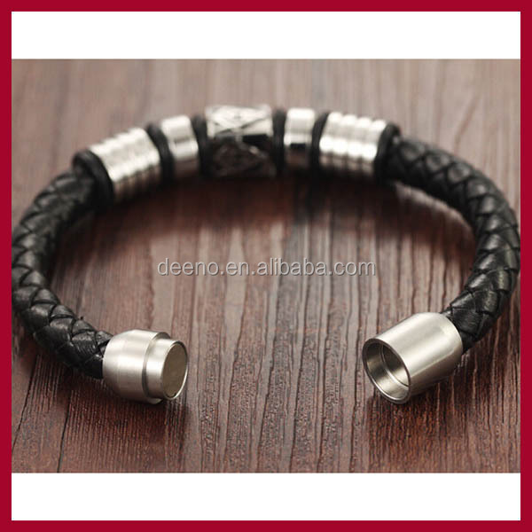 Maçonnique Style Tressé En Cuir En Acier Inoxydable Charme Bracelet Bijoux Avec Fermoir Magnétique
