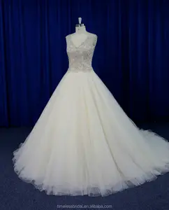 Exquisite embroidered bodice puffy champagne tulle skirt factory wedding dress