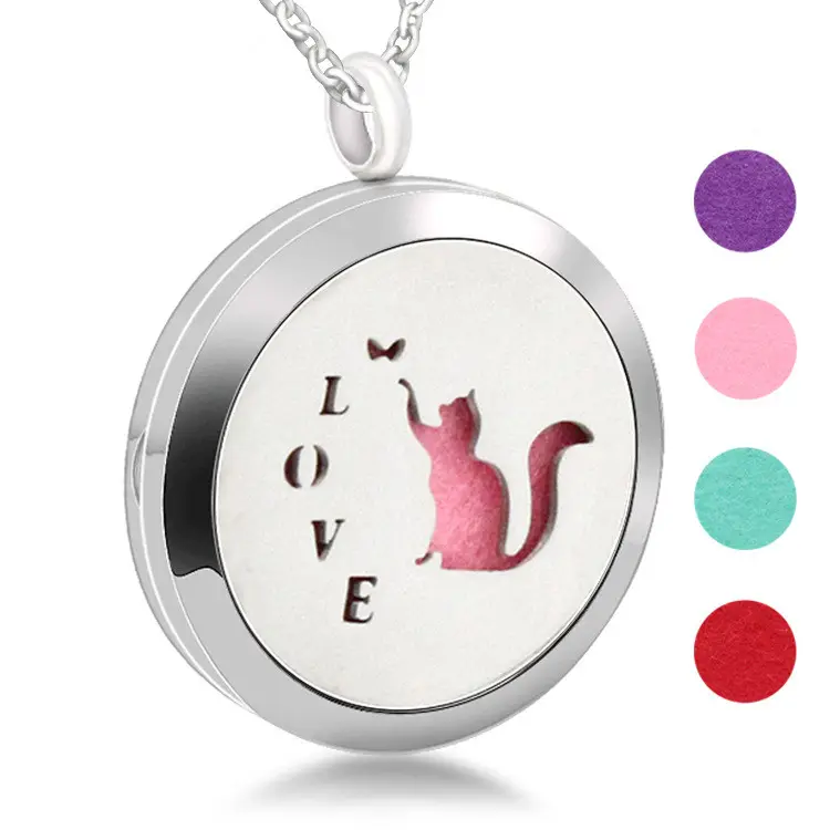 Rinhoo New Design Perfume Aromatherapy Stainless Steel LOVE Cat Pendant Necklace Jewelry For Women