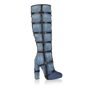 OEM ODM Offre Spéciale Mode Tendances Jeans Femmes Genou Bottes Bloc Talon Haut Bottes <span class=keywords><strong>Fantaisie</strong></span> avec Fermeture Éclair - Product Image 2