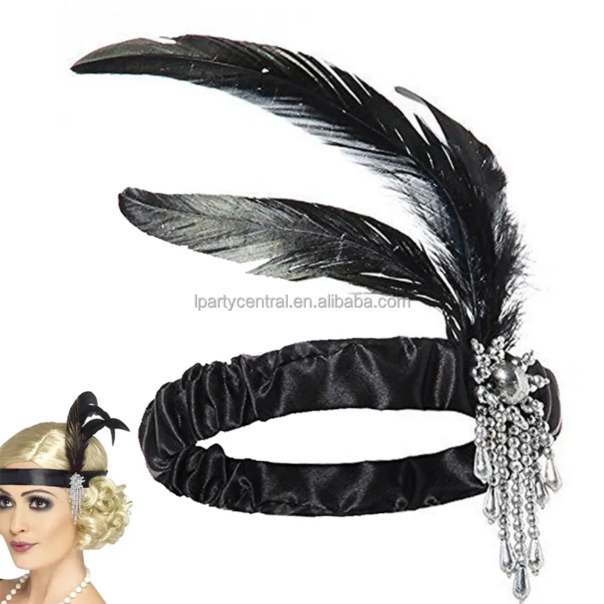 Marvbandeau en satin noir avec plumes, accessoire de robe à rabat des années 80, habit vintage