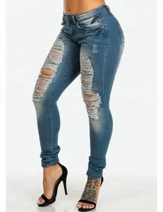 Royal wolf denim jeans manufacturer light blue retro wash low waist ripped skinny colombian jeans butt lifter