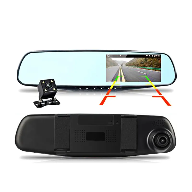 Kamera Dvr Mobil Full HD 1080P, Kamera Perekam Video Digital Kaca Spion Otomatis 4.3 Inci, Kamera Dvr Lensa Ganda untuk Mobil