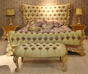 Italy Rose Carving Green Fabric Upholstered King Size Bed/ Baroque Style New Design Bedroom Furniture/Romatic Wooden Wedding Bed