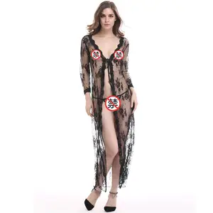 Kadınlar için iç çamaşırı Seksi Uzun Dantel Elbise Şeffaf Kıyafeti See Through Kimono Robe