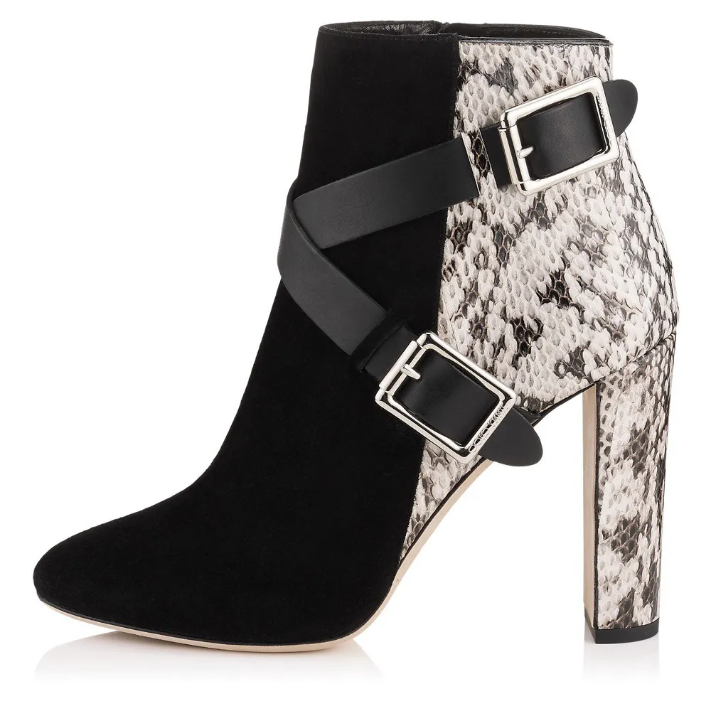 Fashion Women Block High Heel Snake Suede Buckle Ladies Short Ankle Boots