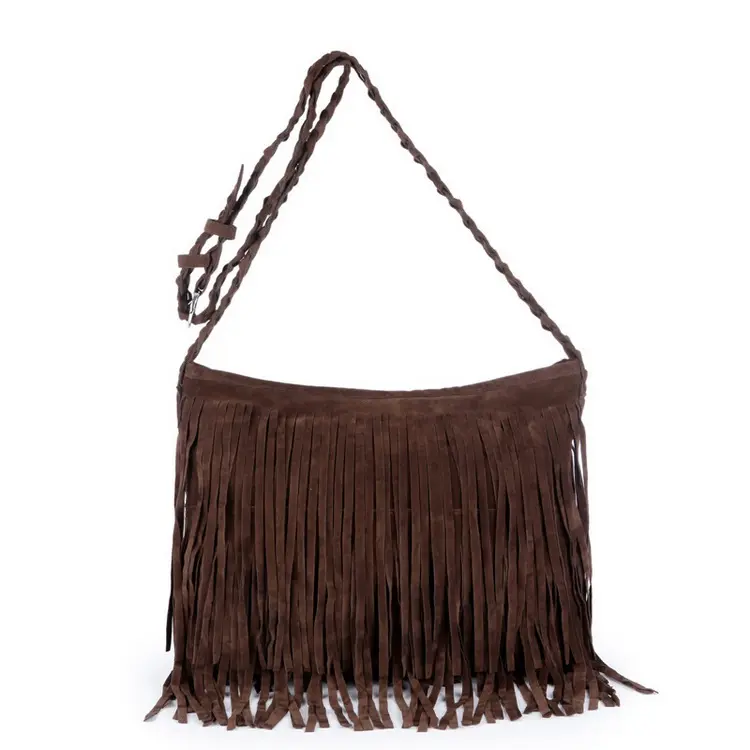 Bolsa de couro de camurça feminina, bolsa feminina estilosa feita em couro com borlas