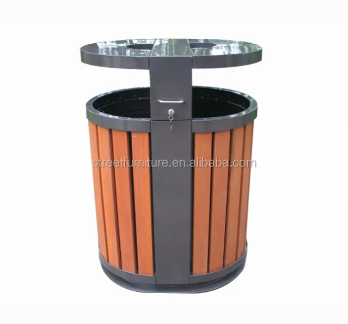 Al aire libre de madera de acero contenedores de basura con Cenicero/dual cubo de basura