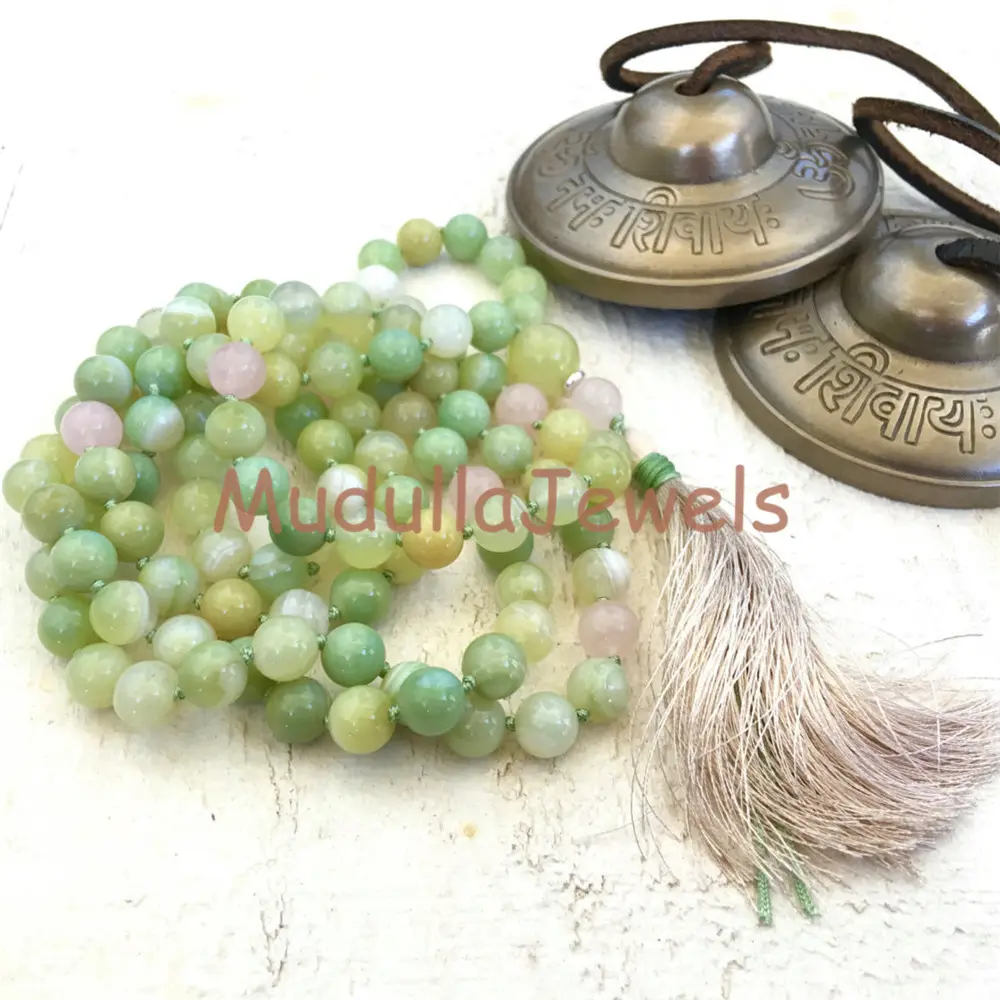 MN21243 seaoam verde agata quarzo rosa 108 Mala perline annodate a mano collana nappa di seta kaki gioielli spirituali