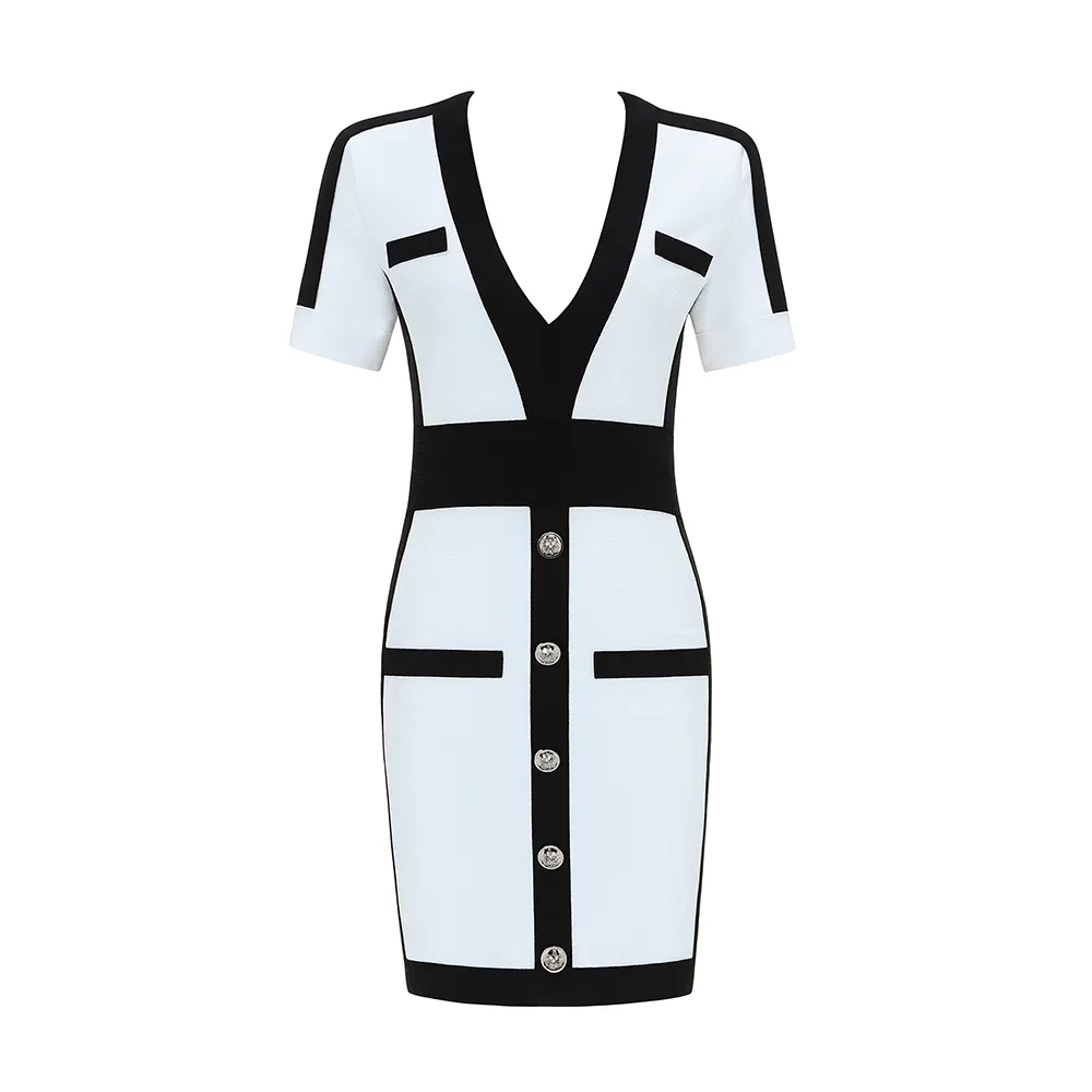 Short sleeve deep v neck bodycon bandage formal office dress