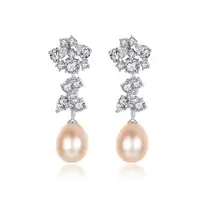 PAG&MAG Gold Drop Hight Quality Freshwater Pearl Women Jewelry Cubic Zirconia Flower Long Pearl Earrings