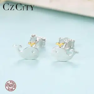 CZCITY Minimalista 925 Sterling Argento Della Vite Prigioniera Orecchini per le Donne Carino Delfino Animale Orecchino Fine di Modo di Disegno Dei Monili