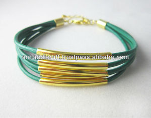 Jade Green <b>Leather</b> Bangle with Gold plated TubesHandmade Creations - Product Image 1